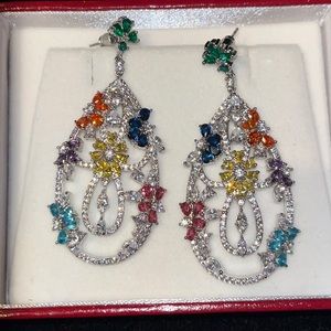 Multicolored Gem Silver Cz Drop Earrings